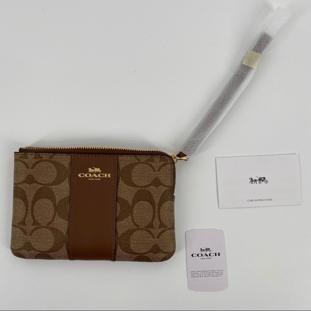 COACH Brown Corner Zip Wristlet w Signature Canvas